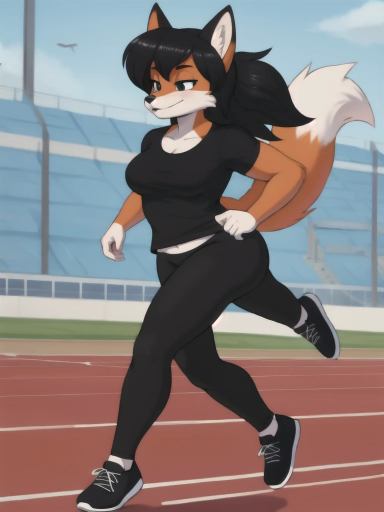 Furry, fox, female, black shirt, black leggings, shoes, running track, solo, full body