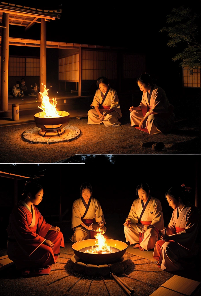 A family lighting a welcoming fire (Mukaebi) in the front yard of a traditional Japanese house at dusk. A small bonfire burns, casting a warm glow around. The family gathers, preparing to welcome the spirits of their ancestors.
