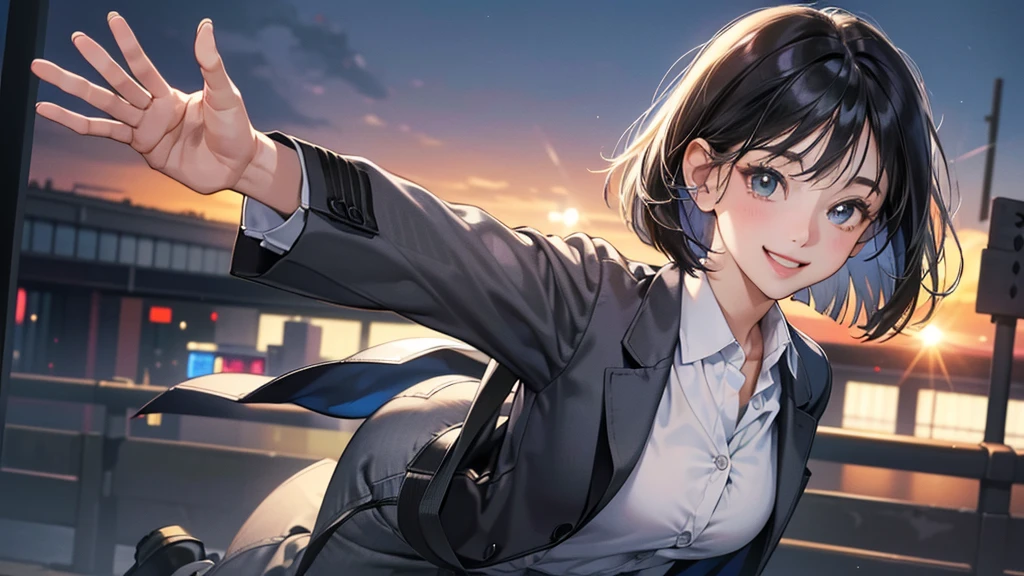 (perfect anatomy:1.2)(absurdres, highres, ultra detailed),masterpiece,best quality,high resolution,8k,Realistic face,Realistic skin texture,magnified textures, stunning clarity,detailed anime girl,(ultra detailed eyes and face),(1 girl:1.5)21years old,she is office worker,,black hair, bob cut,natural make,grey jacket,grey pants,white brouse,sparkling eyes.small nose,roundface,(shinjuku train station),night,bussines district,she is walking,(looks happy:1.5),feeling freedom,(smile:1.5),look at viewer,upper body,she's waving bye-bye,The buttons on her blouse are open