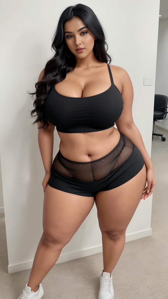 Radhika marchent Indian beautiful woman curvy plus size hour glass bulky huge figure woman, closeup camera view, big huge m-cup breast, wearing SHEIN Teen Girl Letter Graphic Cami Top & Shorts & Mesh Top Color: Multicolor , covered Bust , elegant standing position, eye contact view, different style hairstyle, bright eyes, thin eyebrows, fair skin, blushing cheeks, prefect head to toe view, full body, ideal for high-fashion or editorial shoots, ultra realistic skin texture, head to toe view, full body shot, full body view, smile face, black hair, Indian face, perfect skin tone light, ultra realistic skin texture, bigger waist, busty, big hips, fleshy thighs, thick thighs, busty, full body view, Modern Art Museum: Sleek, contemporary architecture and art pieces.
