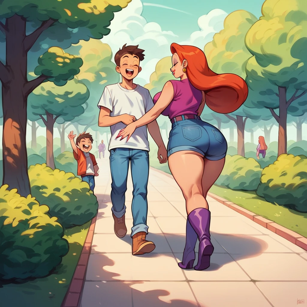 Jessica Rabbit is walking with a young teenager boy, she has big tits and a big ass, she is wearing a top and jeans and long boots,she is tall, park, they are happy, she is hugging him