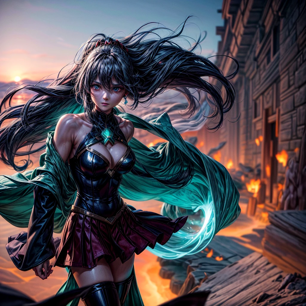UHD. 8k. 4k. Wide angle full view. Real photoshoot. Ultra details. Hyper realistik. Shadow and lights details. Characters details. Visual of this scene :
The sun dipped below the horizon, casting an eerie glow across the ancient battleground. The air crackled with energy as four elemental users faced off, each channeling their unique powers.

Pyra, the Fire Weaver:
Flames danced along her fingertips, leaving trails of scorching heat in the air.
Her eyes blazed like molten lava, and her crimson cloak billowed in the wind.
Pyra’s every movement ignited the ground beneath her feet.
Aqua, the Water Whisperer:
She stood near a bubbling stream, her cerulean robes flowing like gentle waves.
Aqua’s eyes held the depth of the ocean, and her touch could heal or drown.
Water spiraled around her, forming a protective barrier.
Terra, the Earth Shaper:
His skin resembled weathered stone, and his hands were calloused from shaping mountains.
Terra’s gaze held the wisdom of ancient forests, and his steps resonated with the earth’s heartbeat.
The ground trembled as he summoned boulders and roots to defend himself.
Zephyr, the Wind Whisperer:
His silver hair fluttered like wind-blown leaves, and his azure eyes held the secrets of the skies.
Zephyr’s breath controlled the tempests, and his movements were swift as a hurricane.
Gusts of wind swirled around him, deflecting attacks.
The battlefield crackled with tension. Pyra hurled fireballs at Aqua, who countered with water whips. Terra raised stone walls to shield himself from Zephyr’s slicing winds. And Zephyr danced through the chaos, weaving air currents to disrupt their opponents.

But then, an unexpected alliance formed. Aqua and Terra eyes, recognizing a shared purpose—to restore balance. They merged their powers, creating a swirling vortex of mud and steam. Pyra’s flames sputtered, and Zephyr’s winds faltered. 

UHD. Real shoot. Real human. 