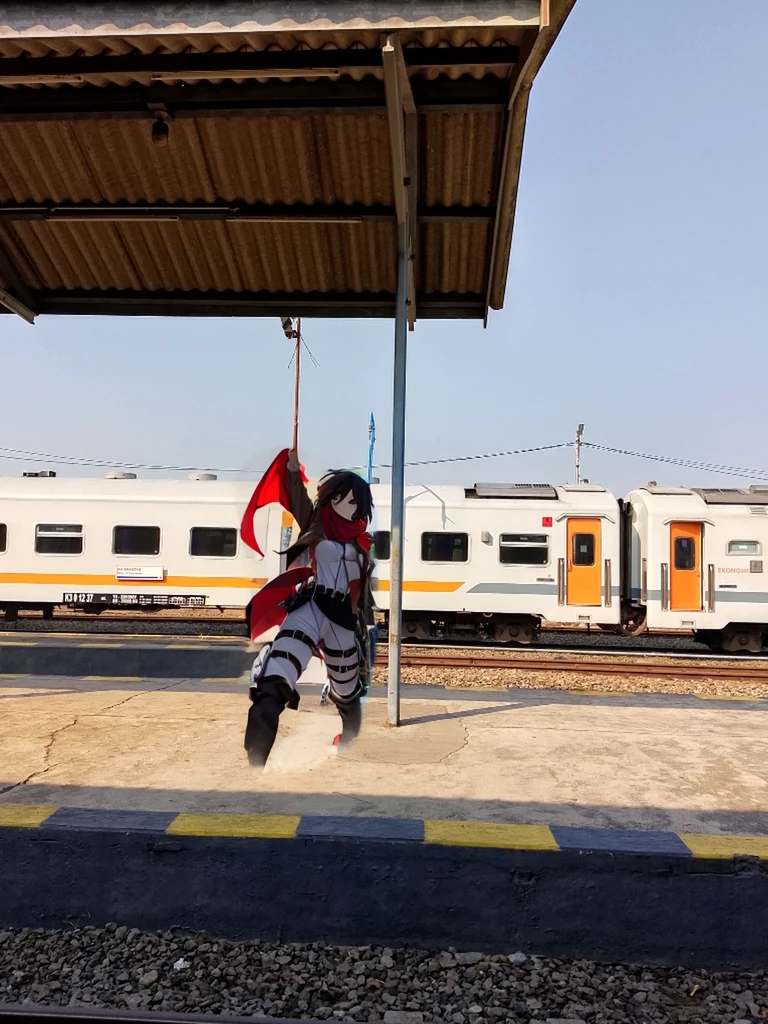 Mikasa Ackerman, stand, red Shawl, wave hands, pov from front