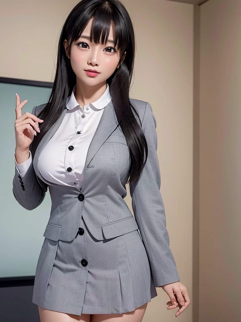 Highest quality、masterpiece、8k、Very detailed、Realistic、(One girl)、(Looking at me with a smile:1.5)、whole body、(Black Hair)、Small face、(Slender:1.2)、(Big Breasts:1.2)、(White business shirt with buttons and a collar:1.2)、(short tight skirt in gray,:1.2)、(Grey business jacket:1.2)、(Open your mouth and stick out your tongue:1.2)、(Make a ring with your hand around your mouth:1.2)