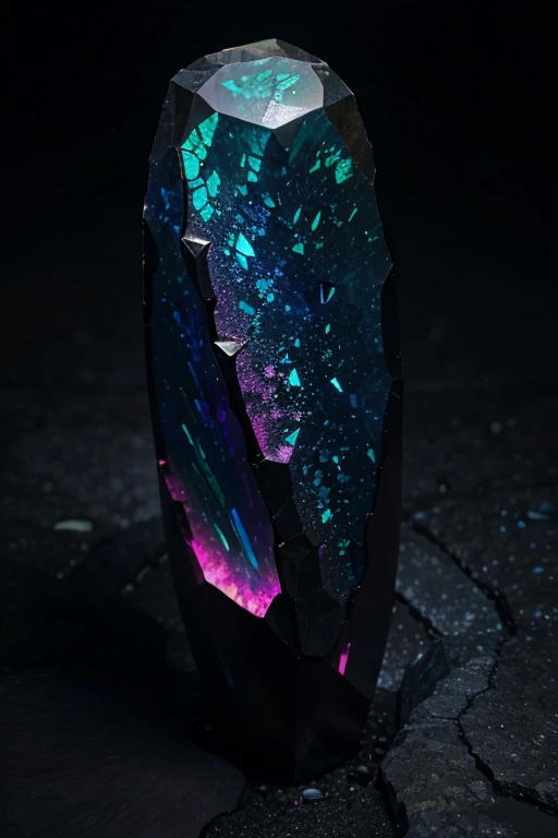 unusual mineral, gradient, dark blue, slightly pink in places, slightly purple, black, glossy, geoid, rough corners, texture, beautiful on black, slightly glowing from inside, hyperrealism, hd, realism, Black Opal Lighting Ridge, fluorite, Burma tourmaline stone around nothing, deep black background around