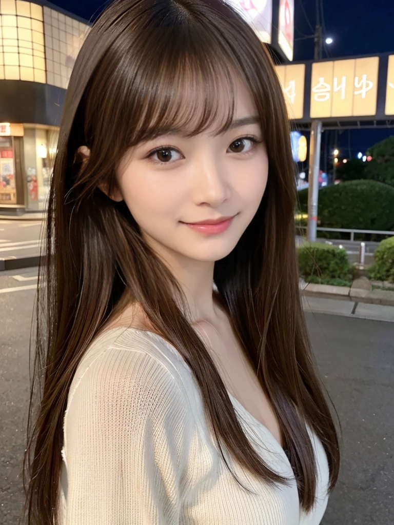 masterpiece、1 beautiful girl、Detailed eyes、Puffy eyes、Highest quality, 超High resolution, (Reality: 1.4), Cinema Lighting、Japanese、Asian Beauty、Super Beauty、Beautiful Skin、Slender、Body facing forward、(Surreal)、(High resolution)、(8k)、(Very detailed)、(Beautiful and detailed eyes)、(Ultra-detailed)、 (wall-)、Detailed face、Bright lighting、Professional Lighting、View your viewers、Look straight ahead、(The costume is a knit dress)、Long Hair, My hair is messy, Asymmetrical bangs, 、Night Scenery、Brown Hair、Japan is an idol、Korean Idol、Gravure idol pose、、Age 21、expensive, smile, Park scenery、