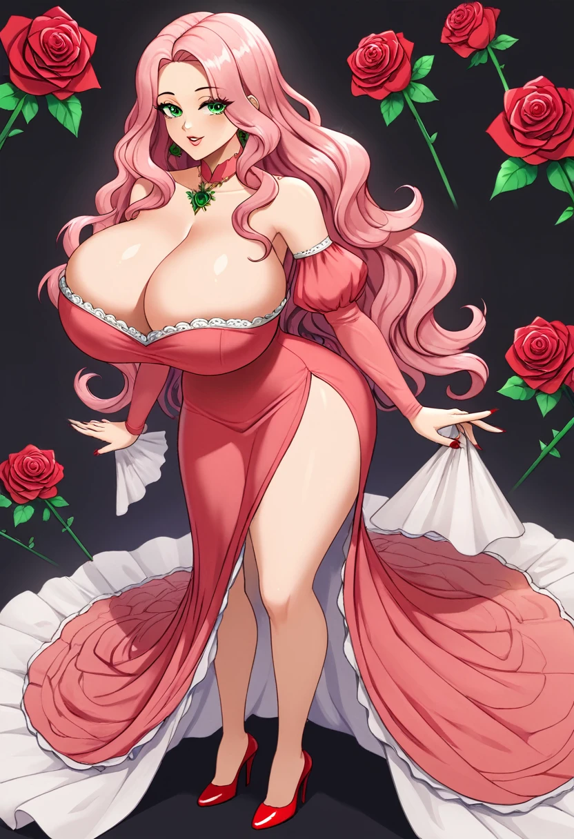 A beautiful girl, red and pink long dress, big cleavage, low-cut, cutted dress, long wavy hair, ple pink hair. Green expressive eyes. A septer shaper like a rose. Roses in the hair. High red heels, big feet. Big breast. Black background. Masterpiece, UHD