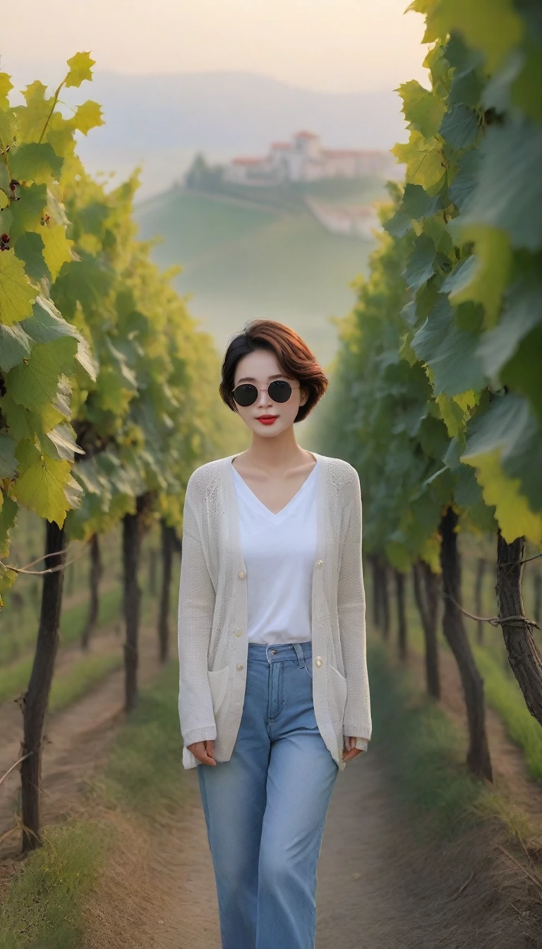 8k realistic, lifelike photo,, 36 year old Korean woman, Short in stature, pretty like a model. front view, White shirt and short cardigan, casual pants, short medium hair, Smiley, Italy. vineyard, thick dawn fog. vineyard 지나 짙은 안개 속으로 저 멀리 성당이 보인다. Full body shot from afar with a wide angle lens , 1 woman, Short in stature, looking at the camera, Excellent picture quality, The morning fog is thick, The picture quality is alive. Full body shot with Canon 16-35 wide angle lens, Wearing black horned sunglasses and looking up to the side, The cathedral is visible in the red morning sunlight., standing on a small path on a hill