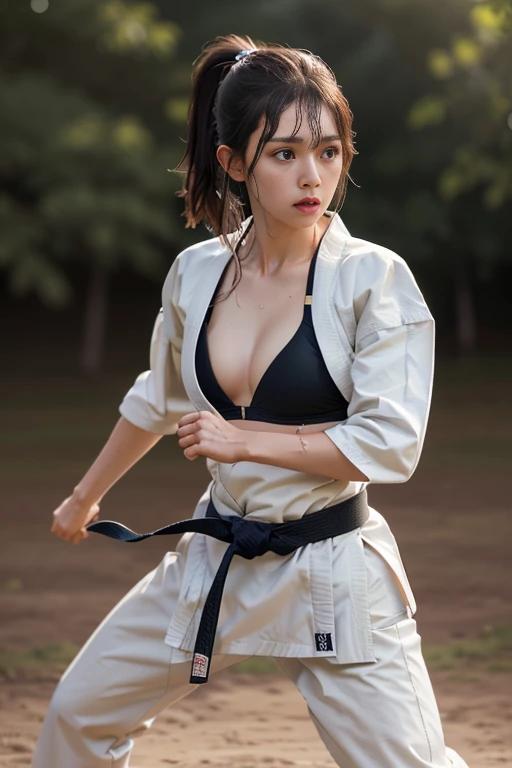 (((Karate clothes)))、fullbody,(karate uniform:1.5),martial arts belt,(fighting stance:1.3),((Ponytail with bangs))、(Female Karateka)、shiny skin、((Turn your face away))、((look sideways))、face is flushed、(Watery eye)、(((Karate Dojo)))、((delicate pictureasterpiece detailed RAW photos:1.25), (highest quality:1.6), (Super high resolution:1.5), (realistic:1.75), 8K resolution, Canon EOS R5, 50mm, absurd, super detailed,cinematic lighting,Sportsbra,cleavage,