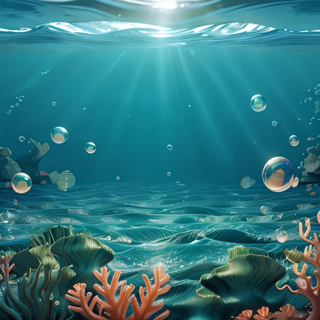 ((Background in the sea))、(A large amount of bubbles rising to the surface))