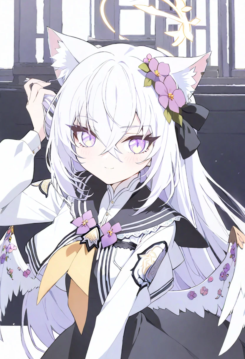 azusa \(blue archive\), 1girl animal_ear_fluff animal_ears black_dress black_sailor_collar blush cat_ears cat_tail closed_mouth crossed_bangs dress flower hair_flower hair_ornament halo holding holding_own_hair jacket kemonomimi_mode long_hair long_sleeves looking_at_viewer low_wings neck_flower neck_ribbon neckerchief purple_eyes ribbon sailor_collar simple_background solo tail two-tone_dress upper_body white_background white_dress white_hair white_jacket white_wings wings yellow_neckerchief little_smile