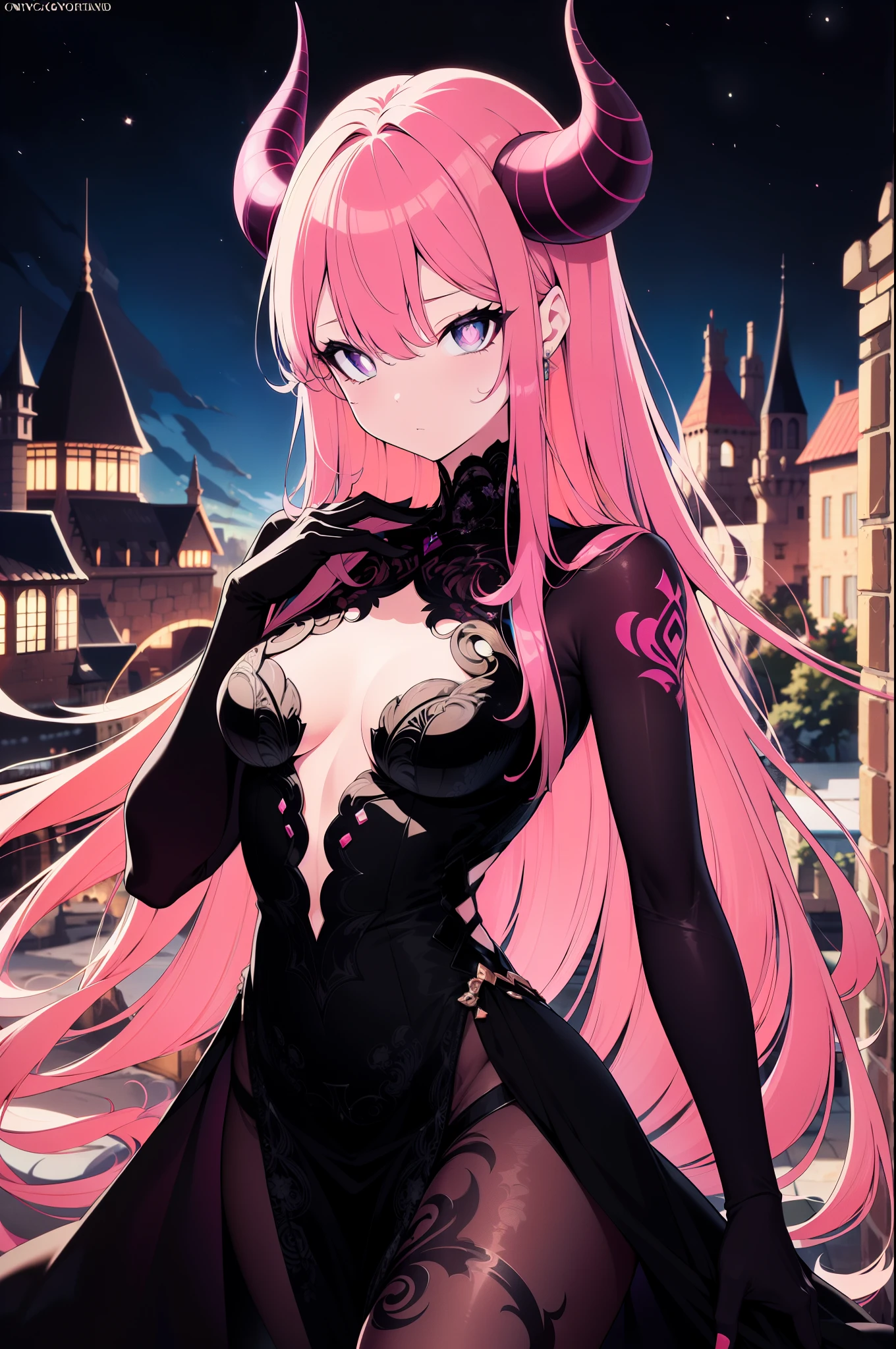 (cowboy shot), colorful, (best quality, ultra-high resolution, depth of field:1.2), (beautiful face), 1woman, (pink hair), long hair, purple streaked hair, curved horns, (different color pupil in eye:1.1), (detailed deep eyes), (small breasts), slight cleavage, wide hips, (detailed fantasy dress with highlights:1.3), lace, black collar, tattoo, (castle ruins scenery), night, (expressionless)