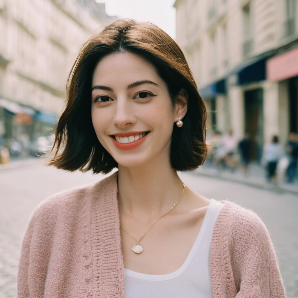 Close up Portrait photo of a beautiful face Japanese kawaii woman,still from the film, (Anne Hathaway look alike face: 0.9), happy smile, cute brunette girl in streetwear in Paris, summer, pastel colors, Leica SL3, Summicron-SL 75 f/2 ASPH, Kodak Gold 200 film, silhouette, shallowed depth of field, dynamic hands up,