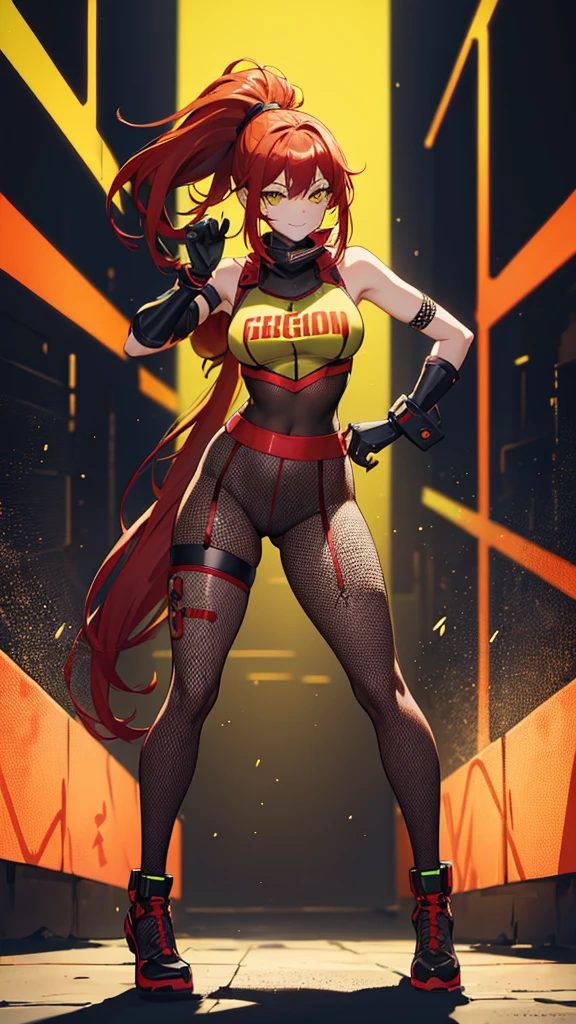 girl, red hair, high ponytail, hip hop clothing, mask with smile drawing, street gang style, fishnet stockings, street gangster pose, dark lighting, fluorescent yellow, fluorescent green, night disco background, laser lights , high definition, full body focus.