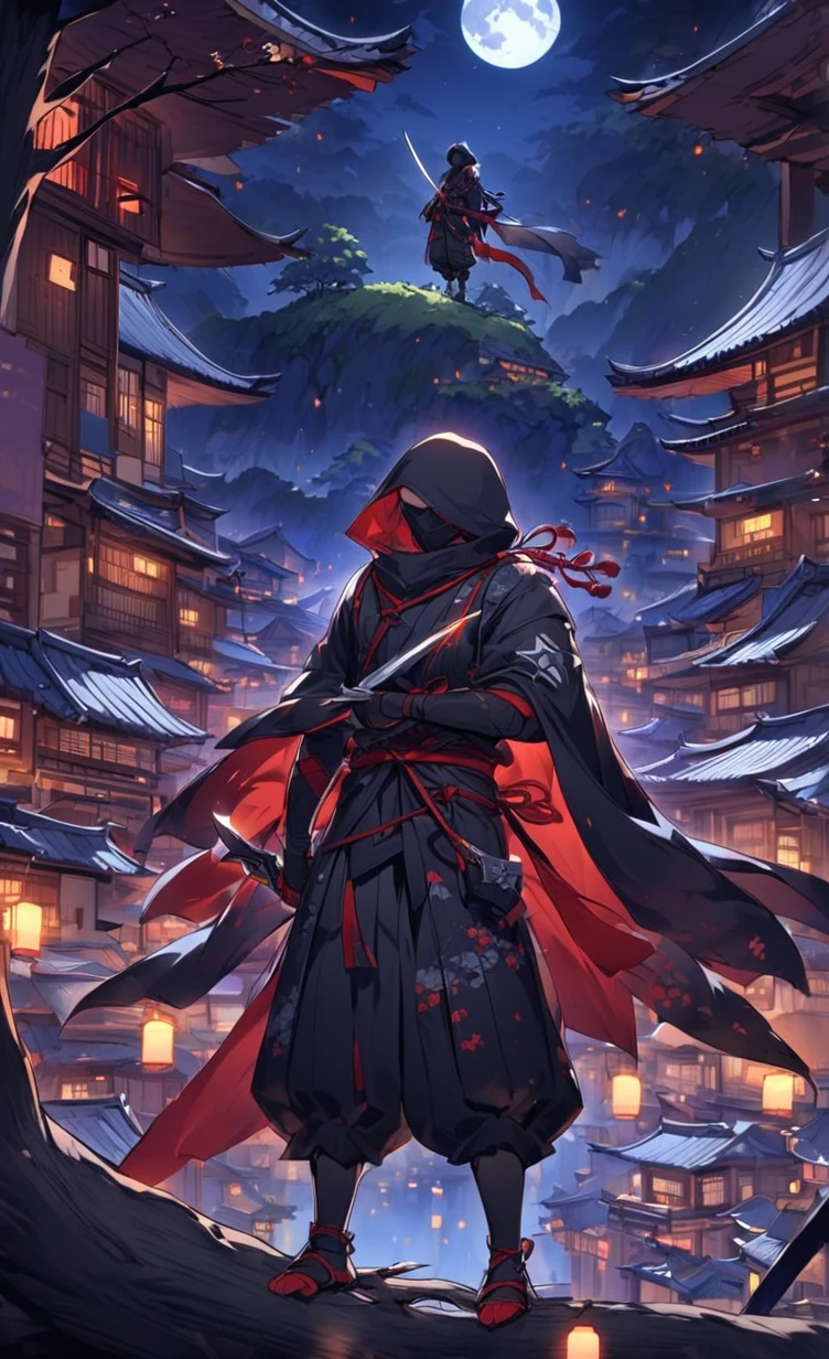 A captivating scene from a Japanese anime featuring a skilled ninja. The ninja is dressed in traditional black attire, with a flowing cape and a hood that covers their face. They are perched on a tree branch, overlooking a village beneath them. The background reveals a serene yet mysterious night sky, with a full moon casting a soft glow on the village. The ninja is poised and ready for action, holding a set of hidden blades and a shuriken in their hand.