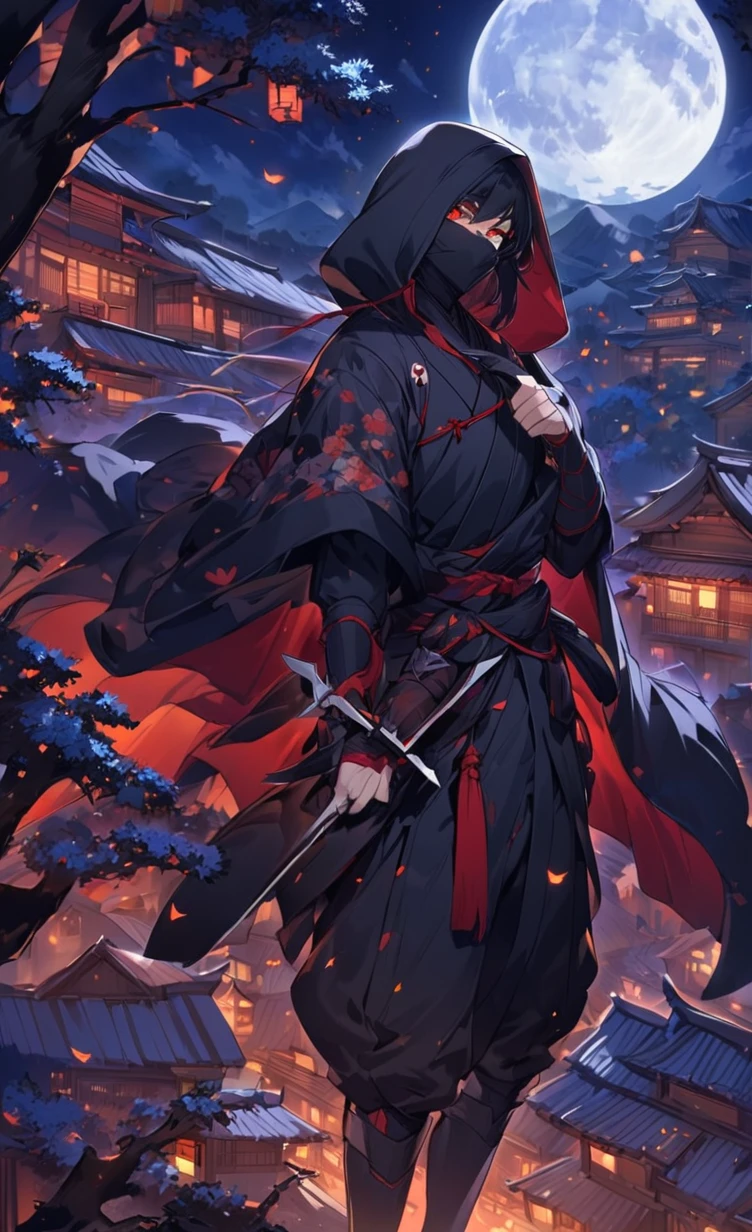 A captivating scene from a Japanese anime featuring a skilled ninja. The ninja is dressed in traditional black attire, with a flowing cape and a hood that covers their face. They are perched on a tree branch, overlooking a village beneath them. The background reveals a serene yet mysterious night sky, with a full moon casting a soft glow on the village. The ninja is poised and ready for action, holding a set of hidden blades and a shuriken in their hand.