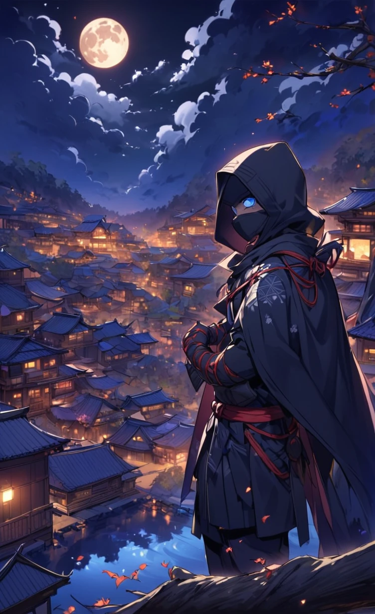 A captivating scene from a Japanese anime featuring a skilled ninja. The ninja is dressed in traditional black attire, with a flowing cape and a hood that covers their face. They are perched on a tree branch, overlooking a village beneath them. The background reveals a serene yet mysterious night sky, with a full moon casting a soft glow on the village. The ninja is poised and ready for action, holding a set of hidden blades and a shuriken in their hand.