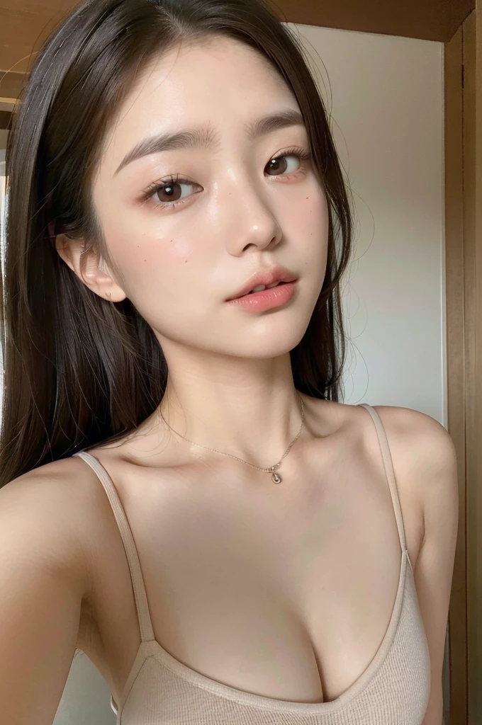 (Highly realistic photos, High resolution, Detailed face, Fine grain), ((Shooting in the room))、Japanese women, 20-year-old, A variety of expressions, alone:1, Slim figure, Various hairstyles, Casual clothing, 写真の中でalone、Selfie、Photographed in natural light、Simple Necklace、Spring Clothes、Looking at the camera、profile、Dark Brown Hair Color、The chest is visible