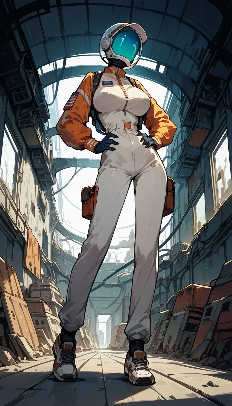 Masterpiece, best quality, Masterpiece, best quality, 1 woman, astronaut suit , wear a hat , big breasts , abdomen , Long legs , Put your hands on your hips... , shoe , full body , abandoned factory , at night