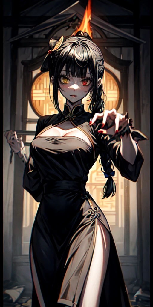 lora:flat:-1.2, masterpiece, best quality, 4k, 8k, 1 woman, solo, pale skin, tall stature, long hair, blunt bangs, side braid, black hair, ugly face, bad face, bad eyes, droopy eyes, unclear eyes, ruby red eyes, lemon yellow eyes, pale skin, black eyeliner, black eye shadow, heterochromia, slender frame, frightened, ofuda, jiangshi costume:1.2, sheath long skirt, China dress, fang, horror, coffin, forest, dark night, stormy weather, fog, from front, cowboy shot, look at viewer, paw pose,
