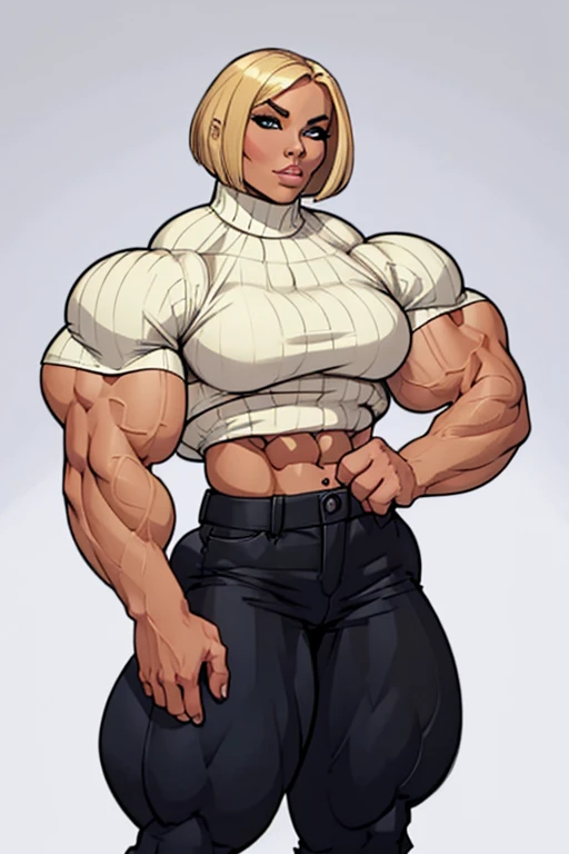 coloured sketch, beautiful woman, blonde bob haircut, turtleneck sweater, long baggy pants, strong well defined muscle, bulky powerful bodybuilder physique, massive muscular arms, perfect and flawless musculature, great muscle definition, perfect muscular body, massive muscular thighs, female muscle juggernaut