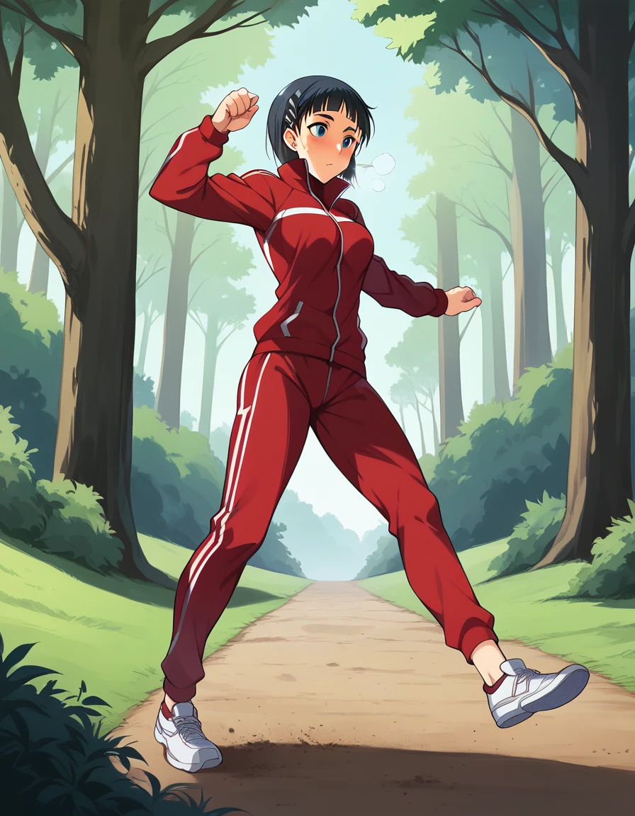 Solo, 1gi, Kirigaya Suguha, Kirigaya Suguha from Sword Art Online, wearing red tracksuit with red tracksuit pants, wearing white running shoes, fall setting, in forest, slight blush, hot breath, slightly sweaty face, on dirt path, standing catching breath, evening light,