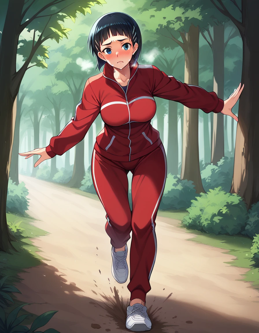 Solo, 1gi, Kirigaya Suguha, Kirigaya Suguha from Sword Art Online, wearing red tracksuit with red tracksuit pants, wearing white running shoes, fall setting, in forest, slight blush, hot breath, slightly sweaty face, on dirt path, standing catching breath, evening light,