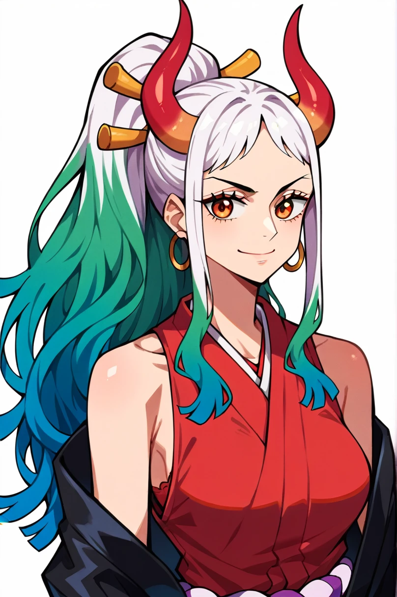 score_9,score_8_up,score_7_up,score_6_up, yamato \(one piece\), 1girl, solo, japanese clothes, multicolored hair, jewelry, earrings, , hair ornament,black leather pants, curled horns, long hair, oni, upper body, smile, rope, breasts, hair stick, red bra, shimenawa, white background, closed mouth, hoop earrings, bare shoulders, simple background, ponytail