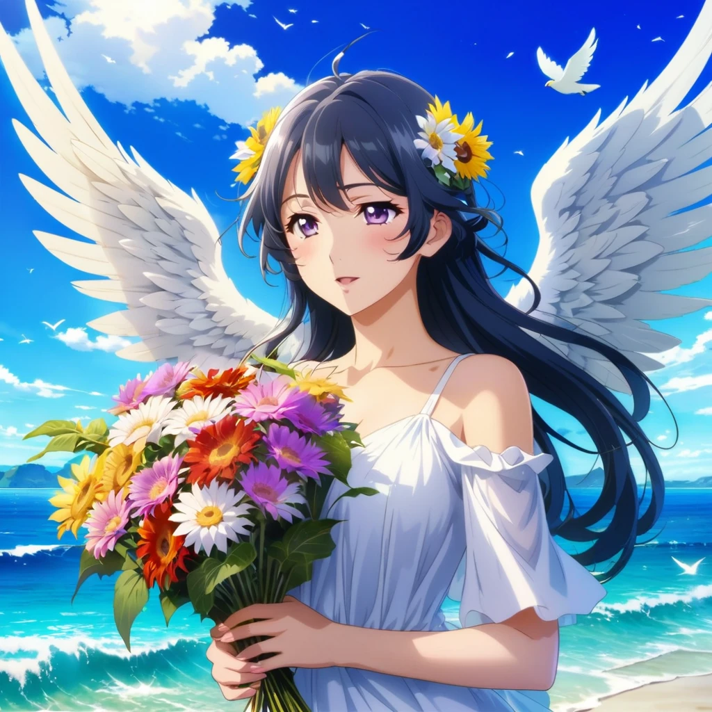 Busty anime woman with flowers and wings on the beach, of a beautiful angel girl, Official Artwork, Beautiful angel, Beautiful sunflower, Summer Goddess, Beautiful anime art, White Wings, with beautiful wings, Official Art, Beautiful peaceful scene in anime