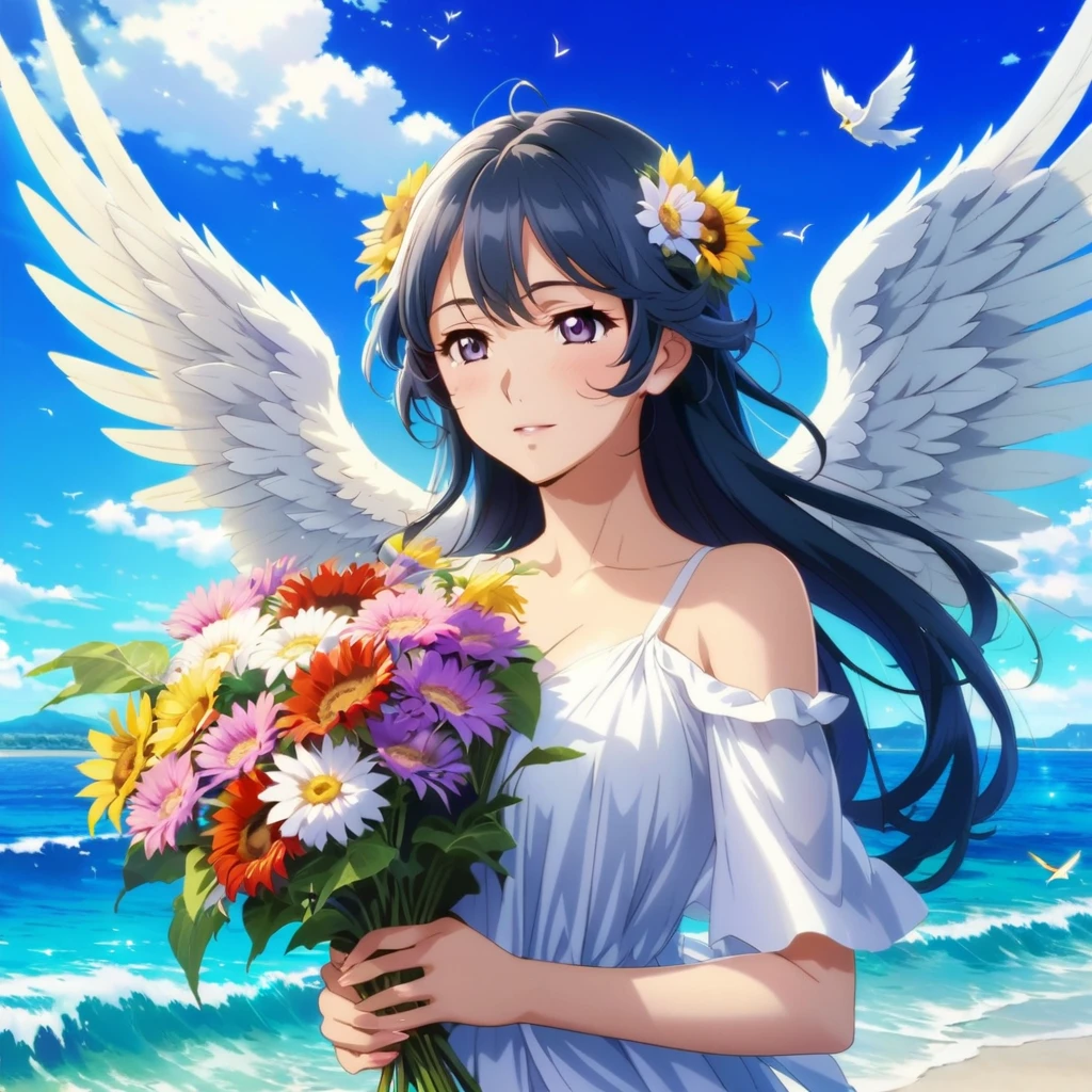 Busty anime woman with flowers and wings on the beach, of a beautiful angel girl, Official Artwork, Beautiful angel, Beautiful sunflower, Summer Goddess, Beautiful anime art, White Wings, with beautiful wings, Official Art, Beautiful peaceful scene in anime