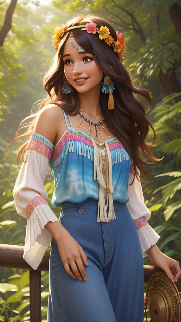 Foto hiperrealista en primer plano de Kelsey Asbille, dressed in a tie-dye maxi dress or a peasant blouse paired with bell-bottom jeans and fringe accessories. She wears a headband or flower crown in her long, flowing hair. The setting is a bohemian-inspired outdoor music festival or a peaceful nature backdrop, capturing the free-spirited and laid-back vibe of the era 60Retro69Punch75, beautiful woman, skinny, large big breasts, blue long hair, detailed face, smile, facing the camera, photo taken from a distance, age of 25 years old