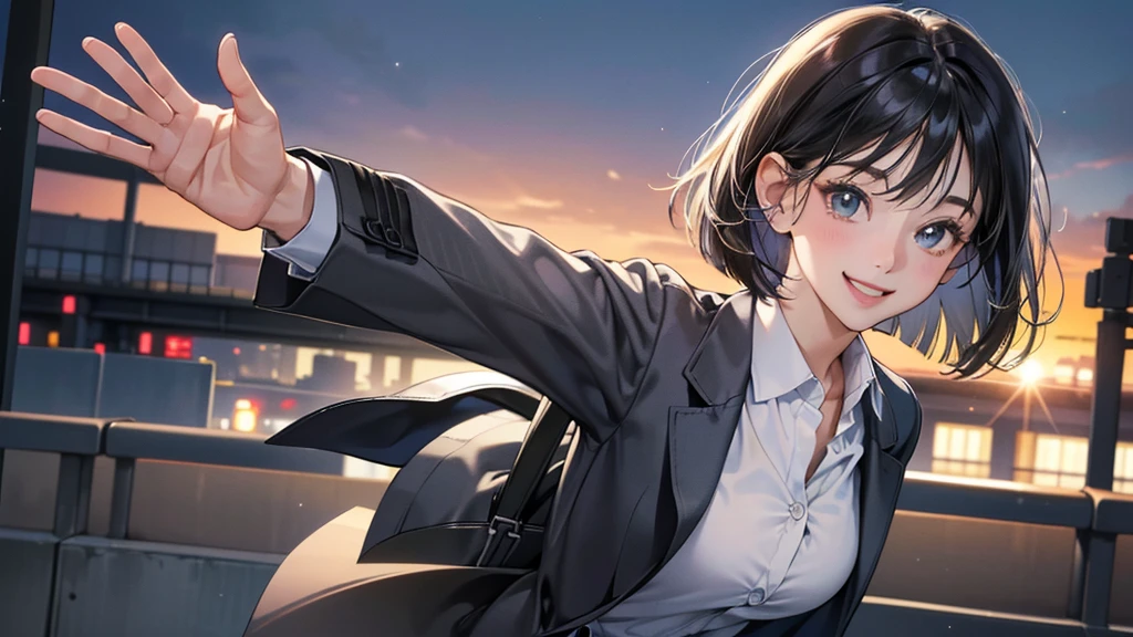 (perfect anatomy:1.2)(absurdres, highres, ultra detailed),masterpiece,best quality,high resolution,8k,Realistic face,Realistic skin texture,magnified textures, stunning clarity,detailed anime girl,(ultra detailed eyes and face),(1 girl:1.5)21years old,she is office worker,,black hair, bob cut,natural make,grey jacket,grey pants,white brouse,sparkling eyes.small nose,roundface,(shinjuku train station),night,bussines district,she is walking,(looks happy:1.5),feeling freedom,(smile:1.5),look at viewer,upper body,she's waving bye-bye,The buttons on her blouse are open