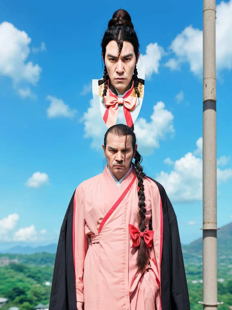 Taoi paia pai is a tall thin man with long black hair with a braid and a red bow at the end of the braid - he wears a pink classic Japanese suit and has a thin face and long chin with an angry expression since he is a hitman - hyperrealistic image in full hd
