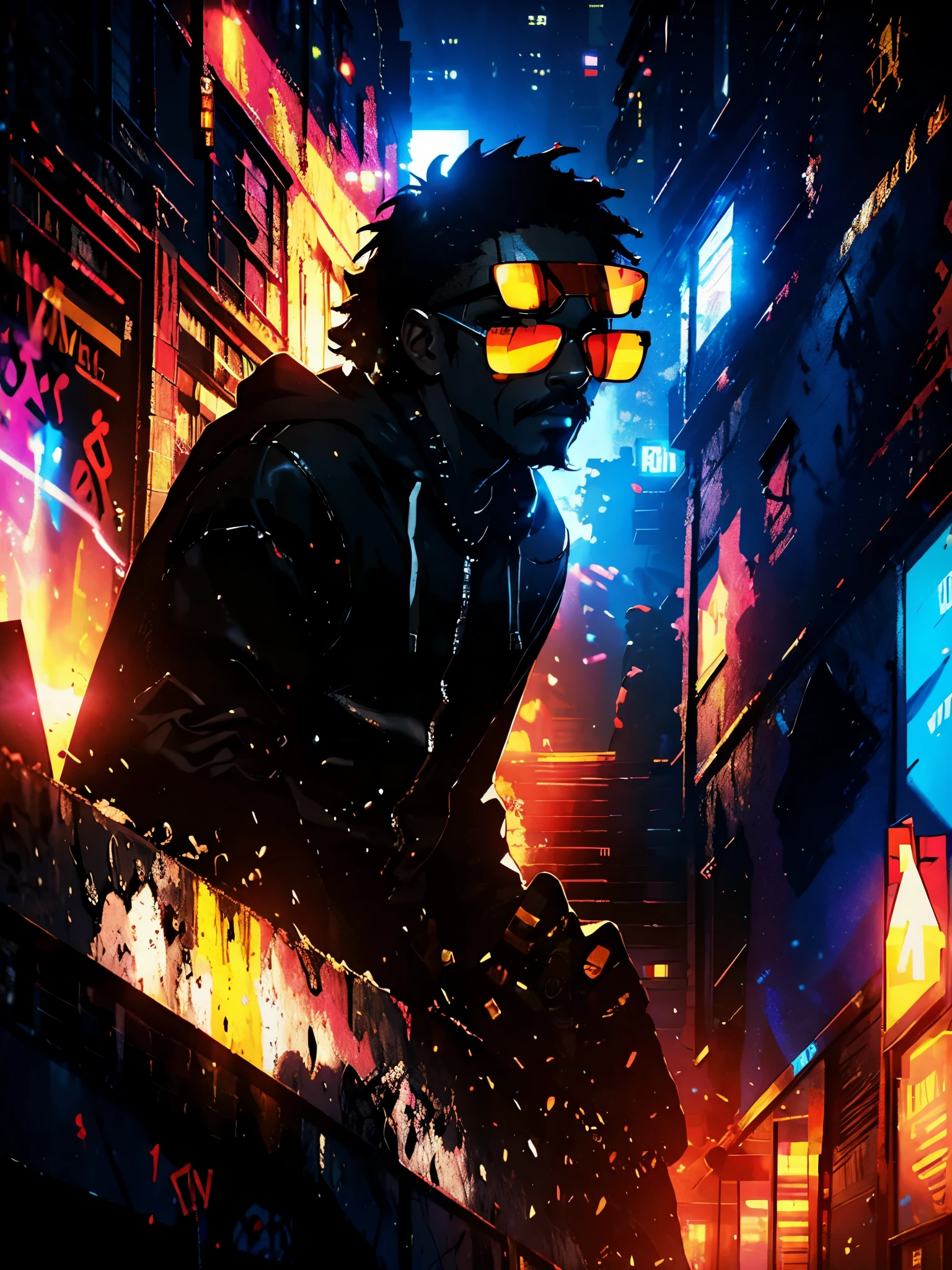 spray paint letters black man and sunglasses on brick wall and graffiti letters and fire lines, cyberpunk style, graffiti background on the wall, best qualityer, work of art, Digital art style, detaileds, graffiti letters, gta style