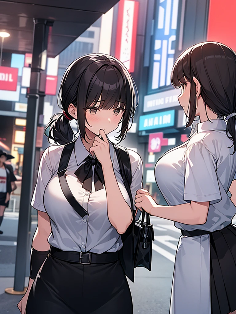 Big breasts Confused Confused Tall women:1.9 Cowboy shot Night hotel district In front of a love hotel Standing White collared shirt, short sleeves Black skirt Short black hair Ponytail:1.9 Straight hair Hair tie Sweep bangs to the side:1.9. Slanted eyes, brown eyes, tall, strong-willed, beautiful