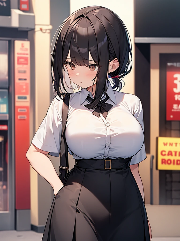 Big breasts Confused Confused Tall women:1.9 Cowboy shot Night hotel district In front of a love hotel Standing White collared shirt, short sleeves Black skirt Short black hair Ponytail:1.9 Straight hair Hair tie Sweep bangs to the side:1.9. Slanted eyes, brown eyes, tall, strong-willed, beautiful