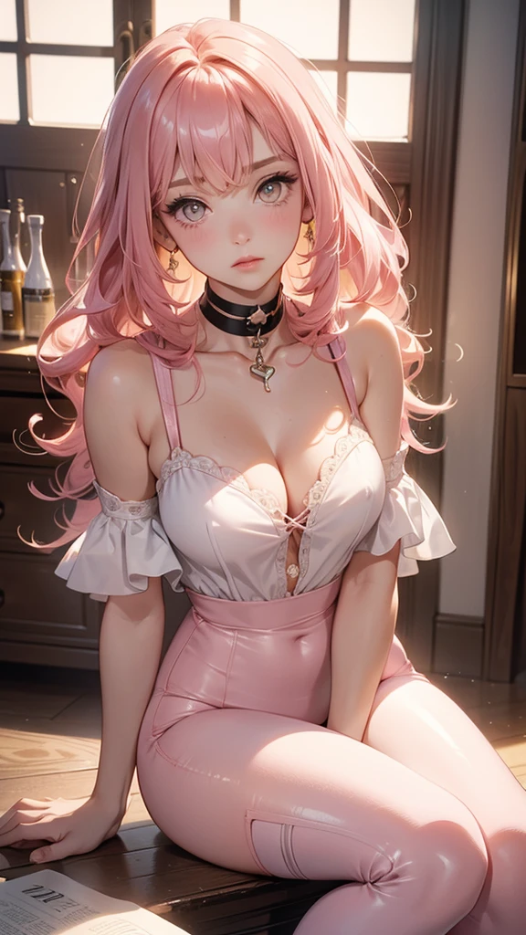 (Masterpiece, BestQuality:1.3), (ultra detailed:1.2), (hyperrealistic:1.3), (RAW photo:1.2), High detail RAW color photo, professional photograph, (Photorealistic:1.4), (realistic:1.4), (Pink Hair:1.5), professional lighting, perfect anatomy, (Big Breasts:1.2), (blush, detailed face), (A happy smile:1.7), Trending Hair&Trending Hairカラーをランダムに, earrings, necklace, bracelet, sexly, erotic sexly, Random sexy gravure poses, (A beautiful woman wearing a black garter belt and stockings、Glancing provocatively in front of the mirror。With straight hair、Sitting on a chair with legs crossed、Stroking my thighs with my fingertips、A glimpse of her chest、Sexy pose with lips lightly bitten。:1.3)