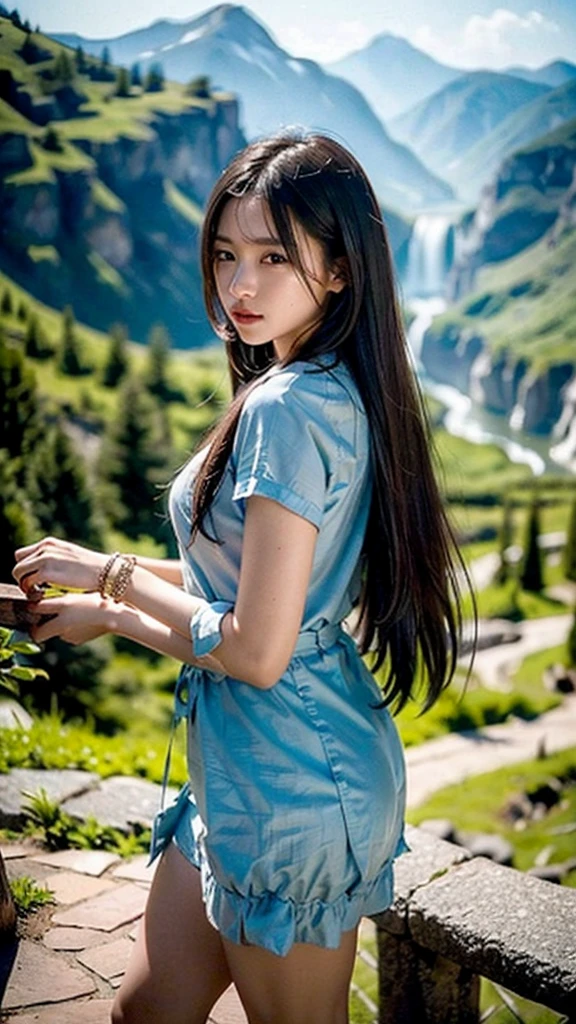(realistic:1.3) , finely detailed, quality, (masterpiece:1.2) , (photorealistic:1.2) , (best quality) , (detailed skin:1.3) , (intricate details) , ray tracing, dramatic, cute girl, As the intrepid traveler navigated the winding mountain trails, she marveled at the breathtaking views of the valleys below.