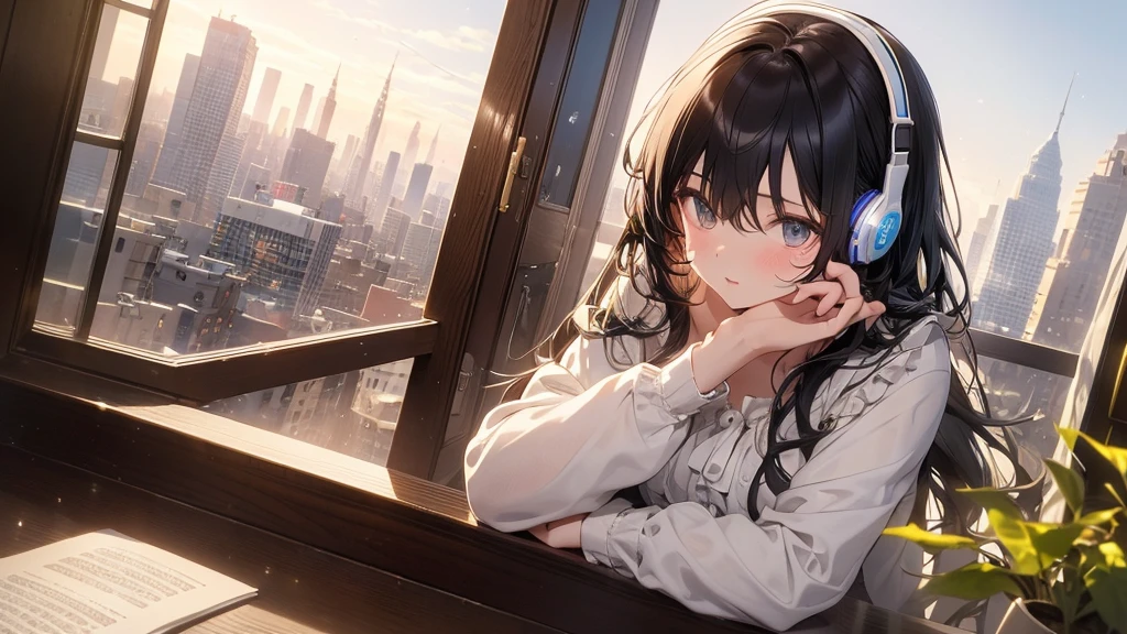 Ultra-high resolution, 8k, (Masterpiece, mysterious:1.3), Works by Makoto Xin Haicheng, Lo-fi feel, Perfect human body engineering, 1 female, mysteriousな瞳, Her charm point is her beautiful eyes, Idol, White ruffled dress, Shiny long black hair, Larger than average bust, Listening to music through headphones, Looking out the window, A room with musical instruments, city view from the window, Impressive cityscape, Bright Sky, meteor, Wide angle, Before dusk, Break time during composition, Coffee in a mug