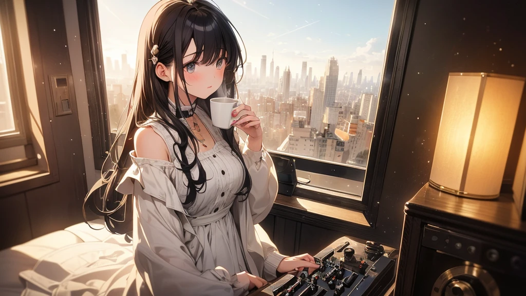 Ultra-high resolution, 8k, (Masterpiece, mysterious:1.3), Works by Makoto Xin Haicheng, Lo-fi feel, Perfect human body engineering, 1 female, mysteriousな瞳, Her charm point is her beautiful eyes, Idol, White ruffled dress, Shiny long black hair, Larger than average bust, Listening to music through headphones, Looking out the window, A room with musical instruments, city view from the window, Impressive cityscape, Bright Sky, meteor, Wide angle, Before dusk, Break time during composition, Coffee in a mug