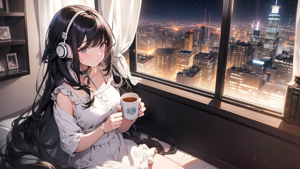 Ultra-high resolution, 8k, (Masterpiece, mysterious:1.3), Works by Makoto Xin Haicheng, Lo-fi feel, Perfect human body engineering, 1 female, mysteriousな瞳, Her charm point is her beautiful eyes, Idol, White ruffled dress, Shiny long black hair, Larger than average bust, Listening to music through headphones, Looking out the window, A room with musical instruments, city view from the window, Impressive cityscape, Bright Sky, meteor, Wide angle, Before dusk, Break time during composition, Coffee in a mug