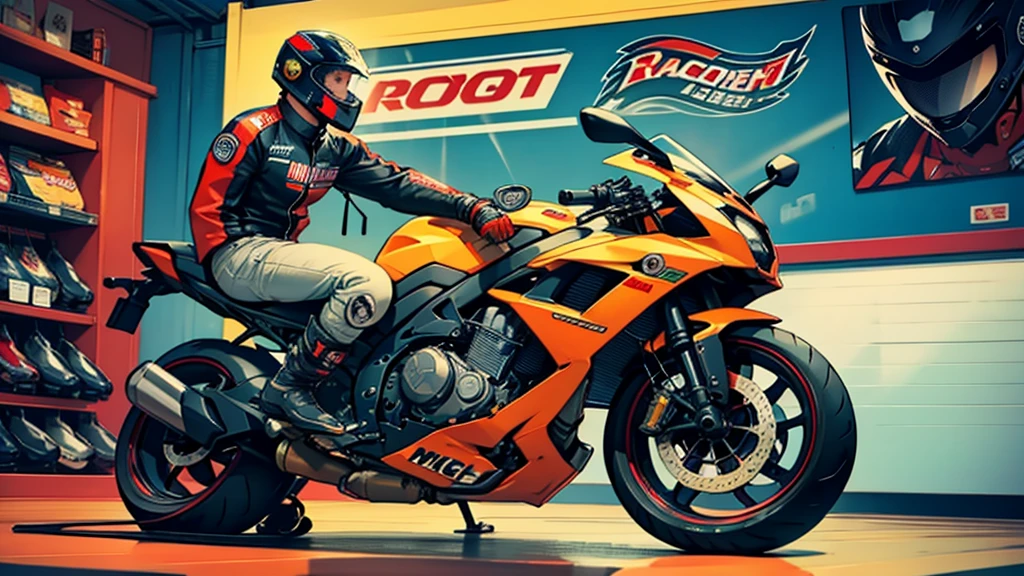 a motorbike with a man on it, He is wearing a helmet and motorcyclist accessories, the place he is is in a motorcycle store, but do it in a more cartoonish theme, and the bottom with fewer motorcycles and more motorcycle accessories, and I want the boy and the motorbike furthest from the center