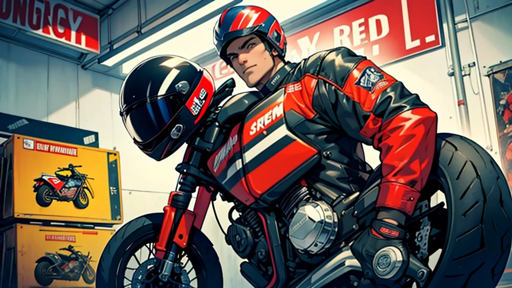a motorbike with a man on it, He is wearing a helmet and motorcyclist accessories, the place he is is in a motorcycle store, but do it in a more cartoonish theme, and the bottom with fewer motorcycles and more motorcycle accessories, and I want the boy and the motorbike furthest from the center