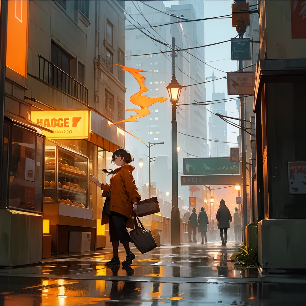 In front of a bakery and a street, on the street a manhole pouring smoke, a beautiful city with a rainy and cold climate with orange trees and the city has an orange aesthetic.