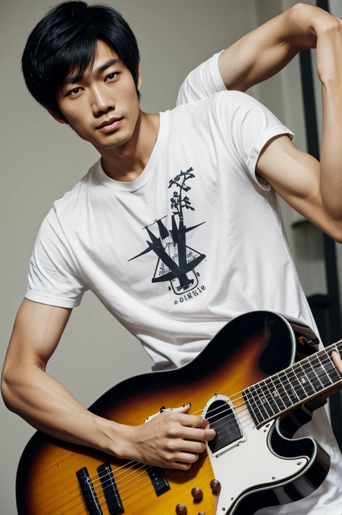 A tall Asian man with black hair, honey eyes, arms with vein, skinny guitarist, white 