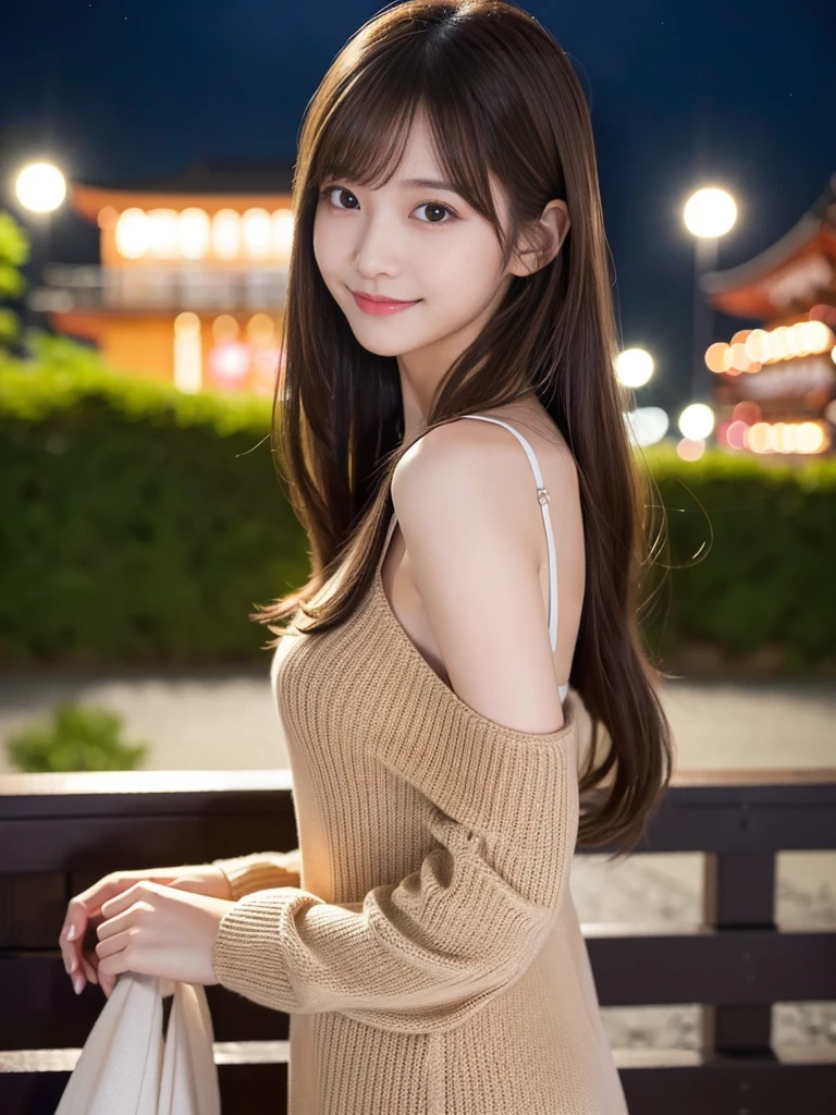 masterpiece、1 beautiful girl、Detailed eyes、Puffy eyes、Highest quality, 超High resolution, (Reality: 1.4), Cinema Lighting、Japanese、Asian Beauty、Super Beauty、Beautiful Skin、Slender、Body facing forward、(Surreal)、(High resolution)、(8k)、(Very detailed)、(Beautiful and detailed eyes)、(Ultra-detailed)、 (wall-)、Detailed face、Bright lighting、Professional Lighting、View your viewers、Look straight ahead、(The costume is a knit dress)、Long Hair, My hair is messy, Asymmetrical bangs, 、Night Scenery、Brown Hair、Japan is an idol、Korean Idol、Gravure idol pose、、Age 21、expensive, smile, Park scenery、