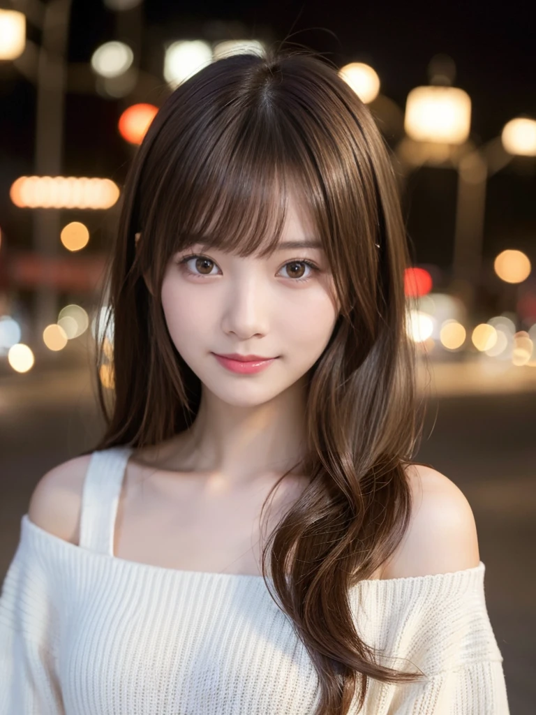 masterpiece、1 beautiful girl、Detailed eyes、Puffy eyes、Highest quality, 超High resolution, (Reality: 1.4), Cinema Lighting、Japanese、Asian Beauty、Super Beauty、Beautiful Skin、Slender、Body facing forward、(Surreal)、(High resolution)、(8k)、(Very detailed)、(Beautiful and detailed eyes)、(Ultra-detailed)、 (wall-)、Detailed face、Bright lighting、Professional Lighting、View your viewers、Look straight ahead、(The costume is a knit dress)、Long Hair, My hair is messy, Asymmetrical bangs, 、Night Scenery、Brown Hair、Japan is an idol、Korean Idol、Gravure idol pose、、Age 21、expensive, smile, Park scenery、