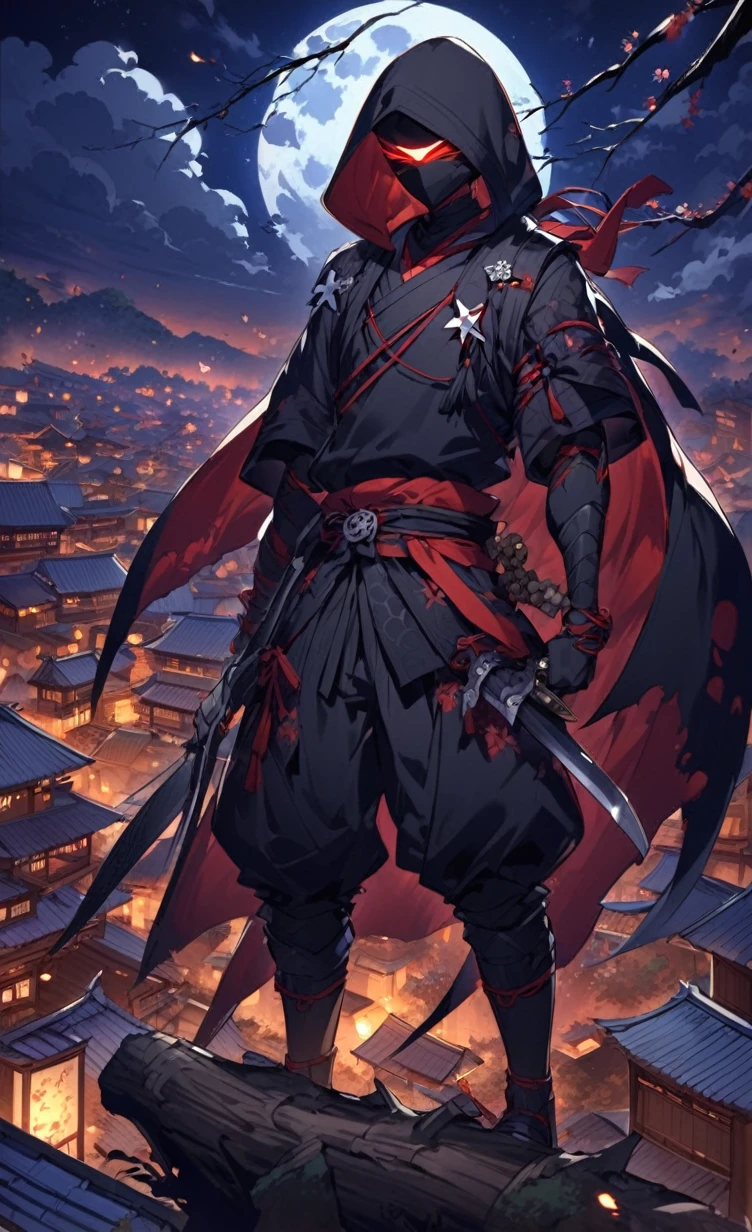 A captivating scene from a Japanese anime featuring a skilled ninja. The ninja is dressed in traditional black attire, with a flowing cape and a hood that covers their face. They are perched on a tree branch, overlooking a village beneath them. The background reveals a serene yet mysterious night sky, with a full moon casting a soft glow on the village. The ninja is poised and ready for action, holding a set of hidden blades and a shuriken in their hand.