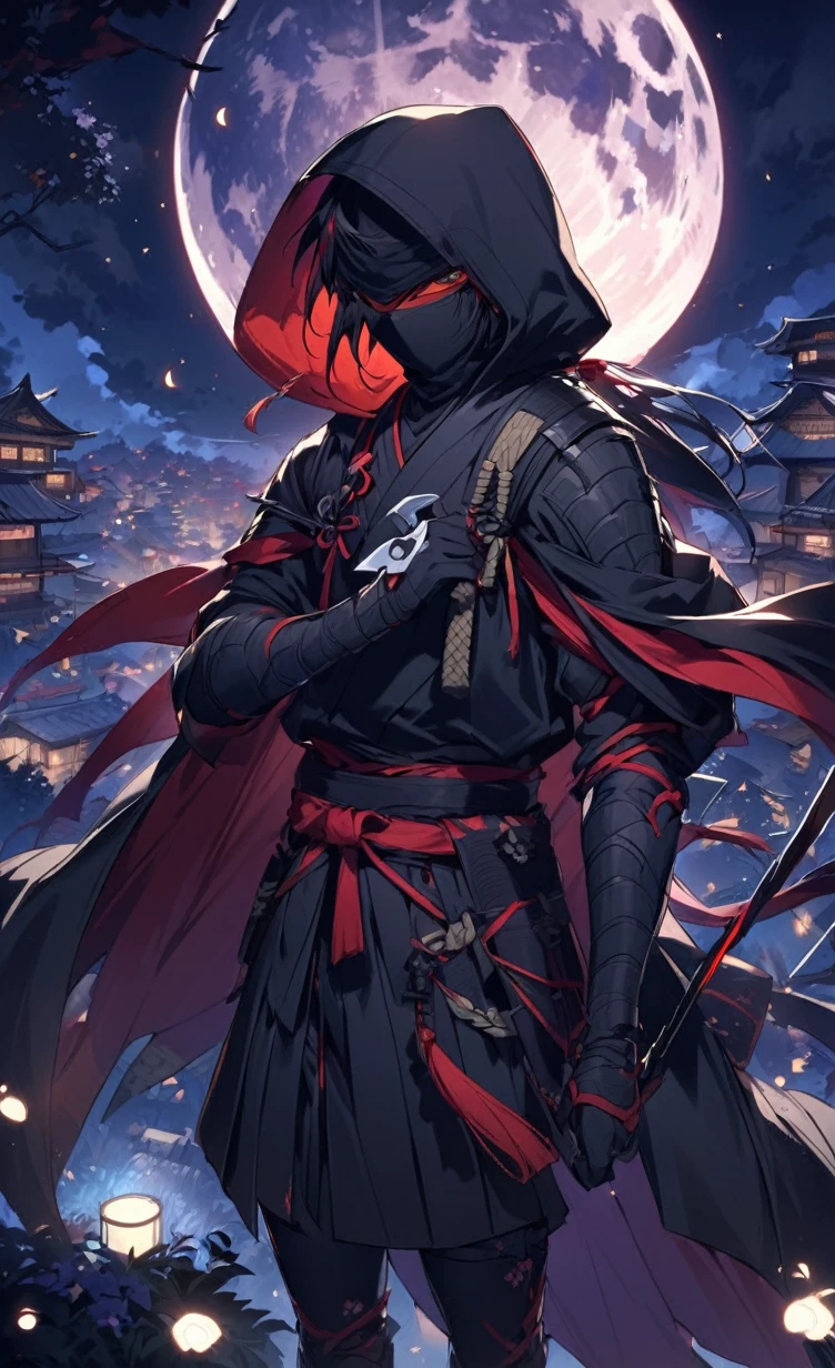 A captivating scene from a Japanese anime featuring a skilled ninja. The ninja is dressed in traditional black attire, with a flowing cape and a hood that covers their face. They are perched on a tree branch, overlooking a village beneath them. The background reveals a serene yet mysterious night sky, with a full moon casting a soft glow on the village. The ninja is poised and ready for action, holding a set of hidden blades and a shuriken in their hand.