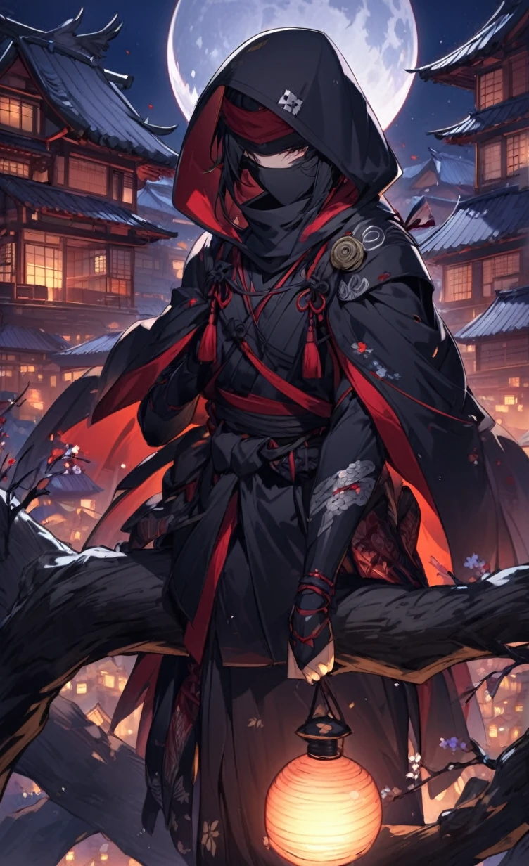 A captivating scene from a Japanese anime featuring a skilled ninja. The ninja is dressed in traditional black attire, with a flowing cape and a hood that covers their face. They are perched on a tree branch, overlooking a village beneath them. The background reveals a serene yet mysterious night sky, with a full moon casting a soft glow on the village. The ninja is poised and ready for action, holding a set of hidden blades and a shuriken in their hand.